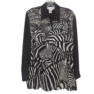 Vintage Diane Gilman Zebra Print Button-Up Black‎ White Silk Sequin Blouse Sz S